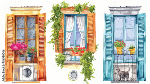 Four Windows. Closed wooden shutters flowers clothes d