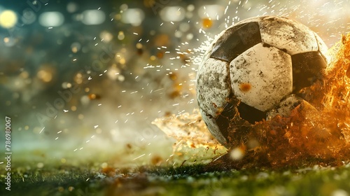 Dynamic Soccer Ball Impact, Fiery Splash on Field, Action Sports with Copy Space photo