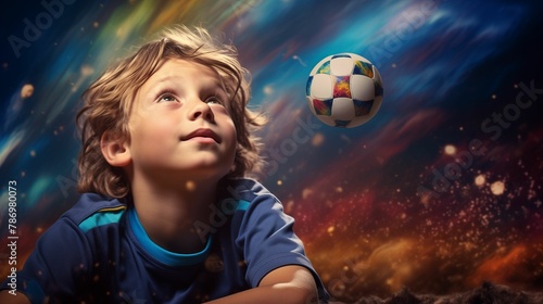 Boy with Soccer Ball Dreaming, Creative Sports Imagination, Childhood Playtime with Copy Space