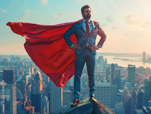 Standing tall against the city skyline, a businessman dons a superhero cape, embodying the spirit of ambition and the power to conquer the corporate world