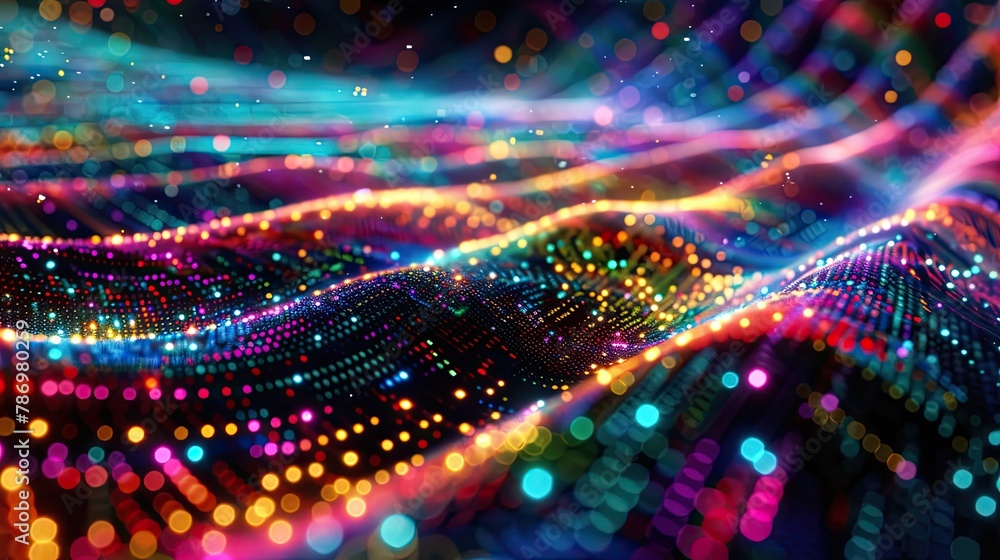 Glowing data streams pulsating with vibrant colors and patterns - obrazy, fototapety, plakaty 