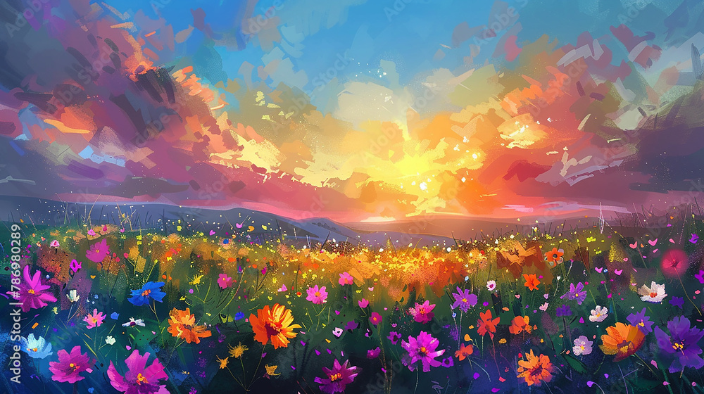 A field of flowers with the sun rising or setting in the background.

