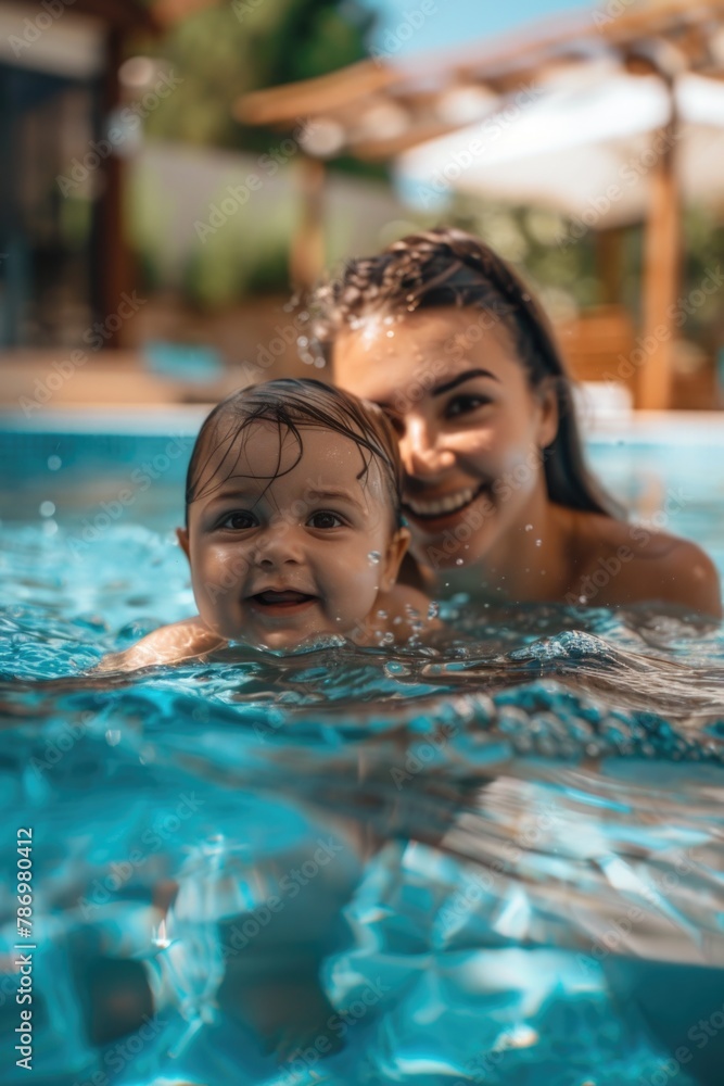 A woman and a child enjoying in a swimming pool. Suitable for family vacation concepts