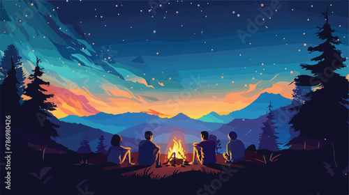 A group of friends sitting at the campfire in the nig