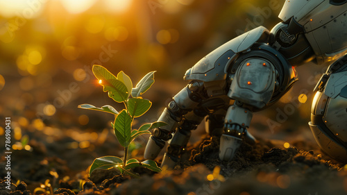 As the first light of dawn breaks, a precise agritech robot gently tends to the needs of a burgeoning plant, illustrating the synergy between technology and nature