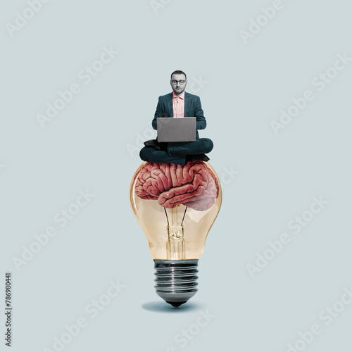 A scientist sits on a large light bulb with a laptop. Art collage.