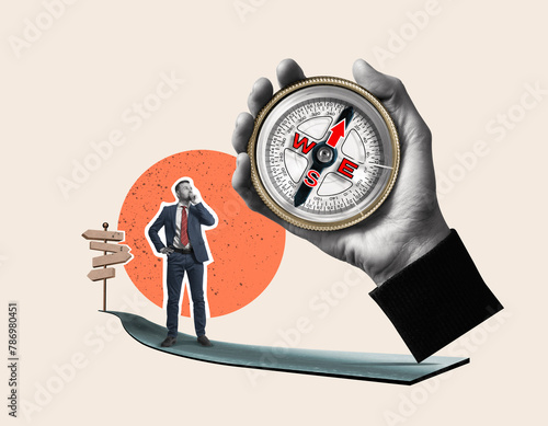 Businessman next to the compass. Choosing the right direction. Art collage.