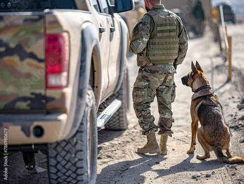 A military dog handler and his trained canine scanning a vehicle at a security checkpoint A military service dog attentively sits next to a camouflaged vehicle, looking at a soldier