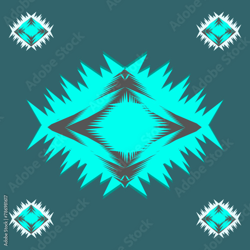 Ethic Abstract Ikat Art seamless pattern, geometric shapes in black, gray and black. on a turquoise background. Designed for backgrounds, illustrations, textures, fabrics, wallpapers, flags, carpets.