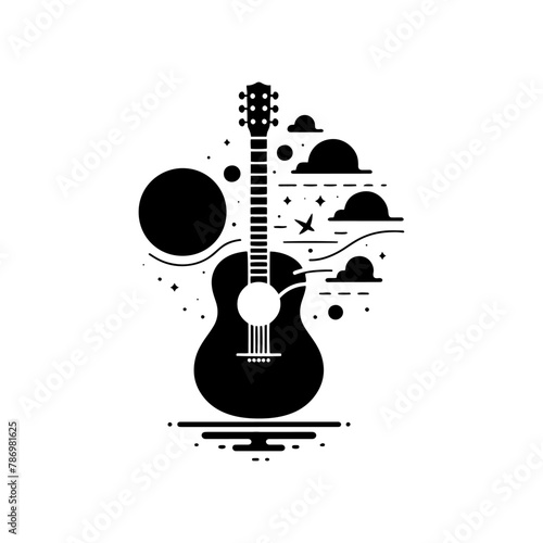 Black Vector Silhouette of a Guitar, Symbol of Musical Harmony and Expression- Guitar Illustration- Guitar vector stock.