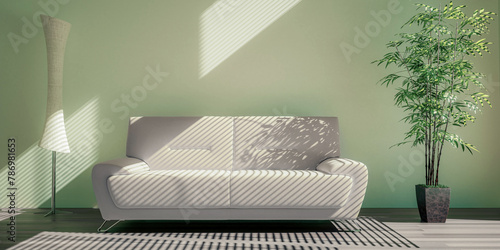 Sunny interior with fashionable sofa, electric lamp and plant decor – 3D visualizations