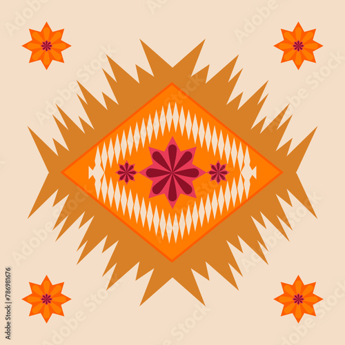 Ethic Abstract Ikat Art seamless pattern, geometric shapes in yellow, orange,  and gold. on a brown background.  Designed for backgrounds, illustrations, textures, fabrics, wallpapers.