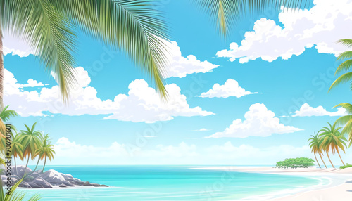 Holiday Tropical beach island and sea summer style, vacation leave, illustration 2d anime scene