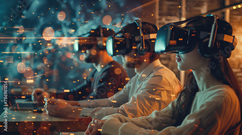 A cluster of individuals donning virtual reality headsets, engaging in interactive experiences within a simulated realm