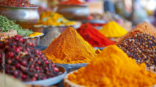 Various spices in wooden barrels including turmeric, cumin, and paprika
