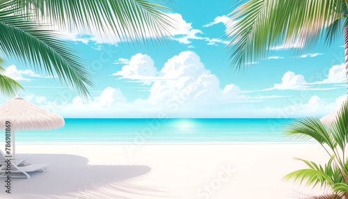 Holiday Tropical beach island and sea summer style, vacation leave, illustration 2d anime scene © saritwat