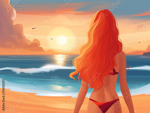An illustration of a woman with red hair gazing at the sunset on a beach.