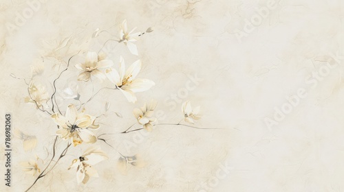 Fototapeta Naklejka Na Ścianę i Meble -  A beautiful display of white elegant flowers with delicate petals and dark centers arranged on a textured, creamy beige background, showcasing contrast and simplicity