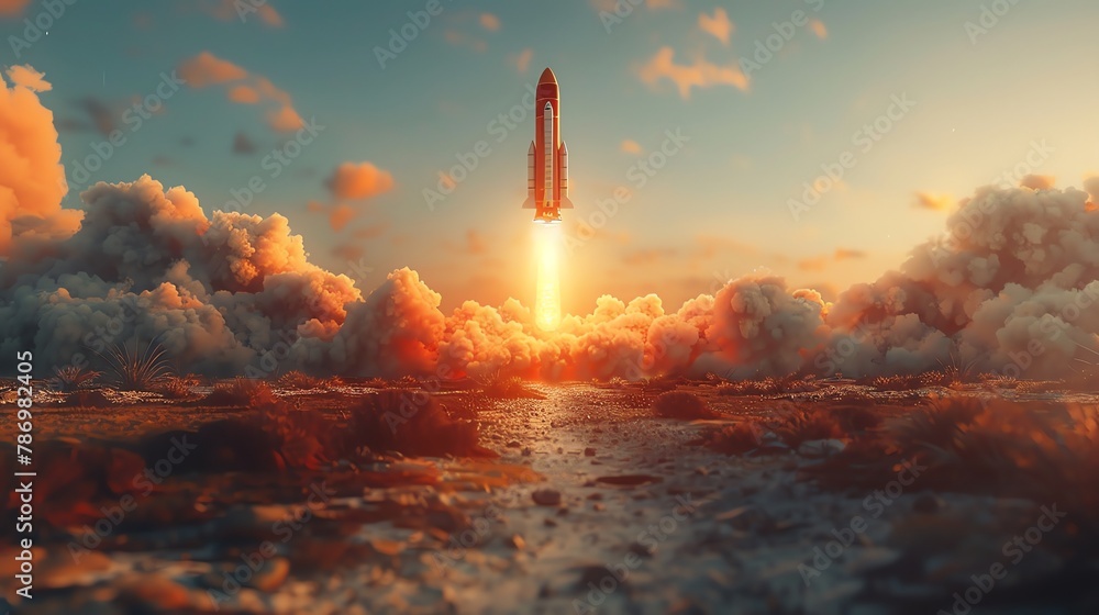 An animated 3D model of a man riding a rocket flying upwards, symbolizing stock surge