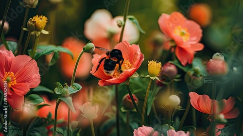A close-up of a bee pollinating flowers in a garden photo