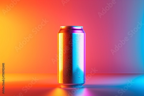 Colorful neon-lit can on a reflective surface with pink and blue lights