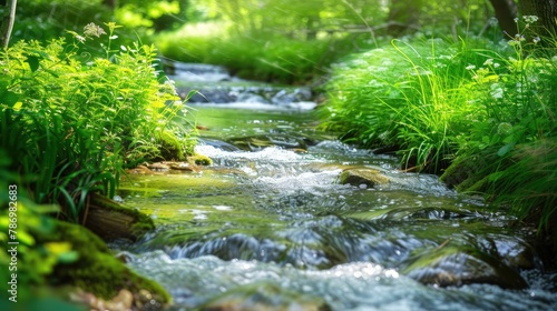 A close-up of a crystal-clear stream winding through a lush green forest