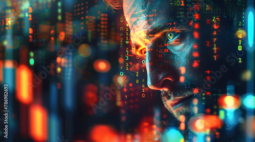 An abstract network of digital numbers and forex symbols reflecting on the face of a focused trader, symbolizing market analysis, trader concept, dynamic and dramatic compositions, with copy space photo