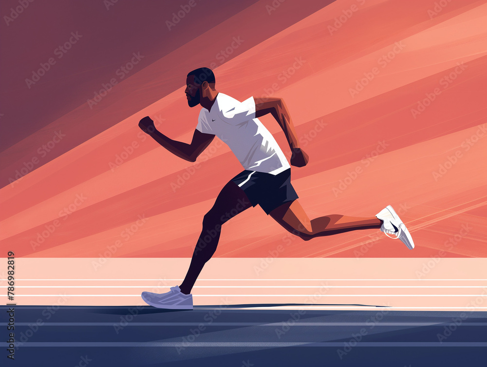 Stylized illustration of a male runner in full stride on a track with a dynamic orange and purple backdrop.