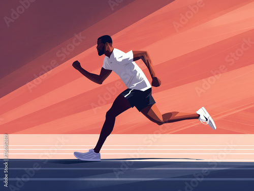 Stylized illustration of a male runner in full stride on a track with a dynamic orange and purple backdrop.