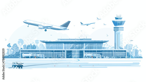 Airport Terminal building with aircraft taking off