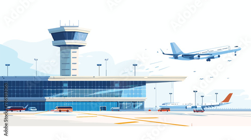 Airport Terminal building with aircraft taking off photo