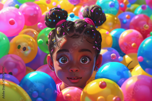 A black girl with big eyes and hair buns playing in the ball pit, surrounded by colorful balloons