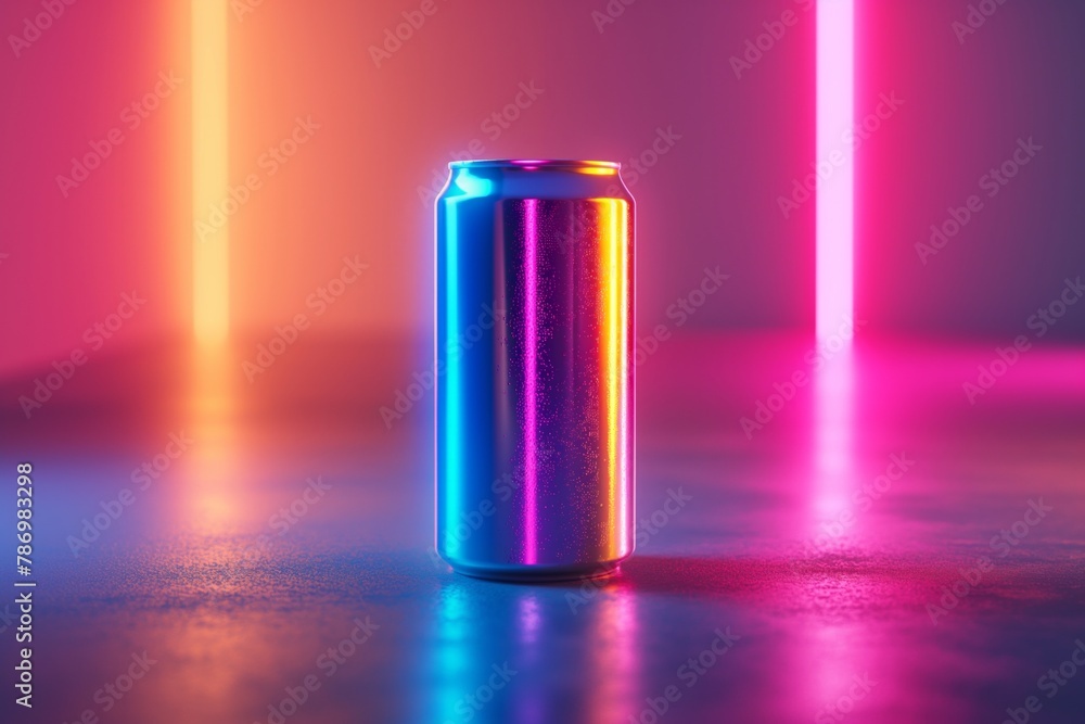 Colorful neon-lit can on a reflective surface with pink and blue lights Colorful neon-lit can on a reflective surface with pink and blue lights