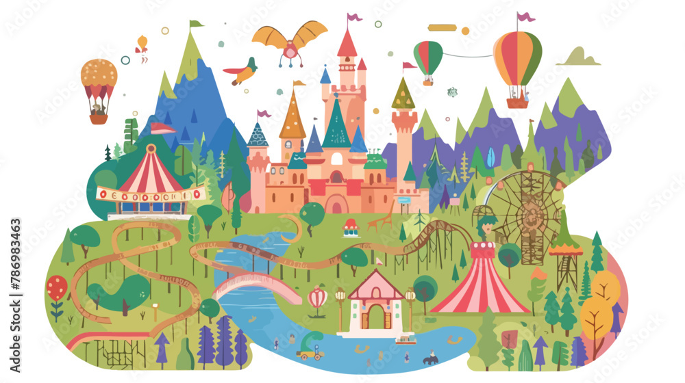 Amusement park concept landscape map with flat fairer