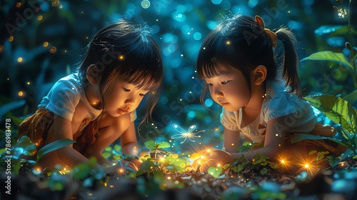 Cartoon children planting magical seeds that grow instantly in a mystical clearing