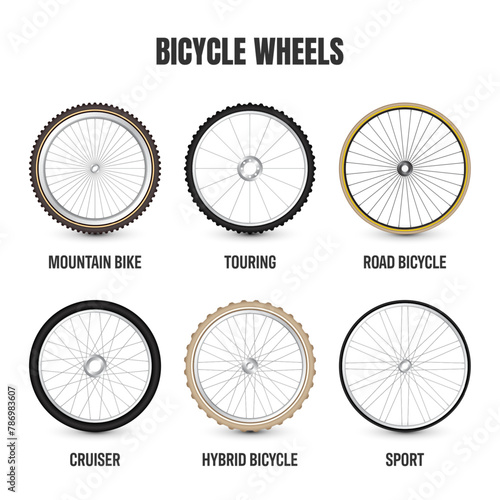 Realistic 3d retro bicycle wheels. Vintage bike rubber tyres, shiny metal spokes and rims. Fitness cycle, touring, sport, road and mountain bike. Vector illustration