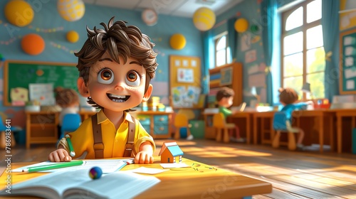 Cartoon kids learning in a classroom setting, 3D style, vibrant background photo