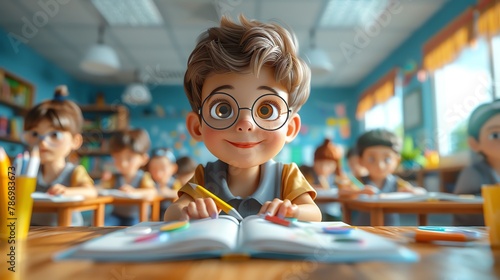 Cartoon kids learning in a classroom setting, 3D style, vibrant background photo