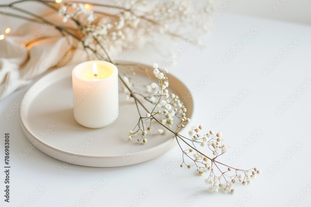 mockup table plate flower with candle decoration . photo on white isolated background