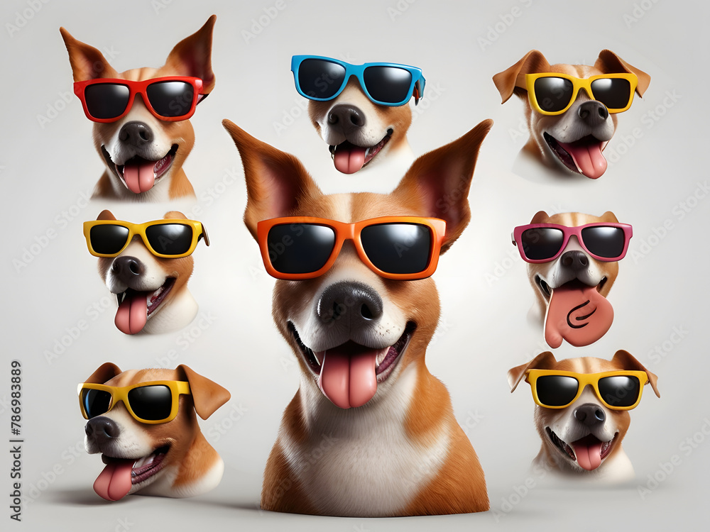 Fototapeta premium 3d Portrait of a funny dog full face logo in sunglasses showing a gesture, isolated on a white background just face logo