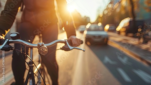 A close-up of a person riding a bicycle instead of driving a car photo