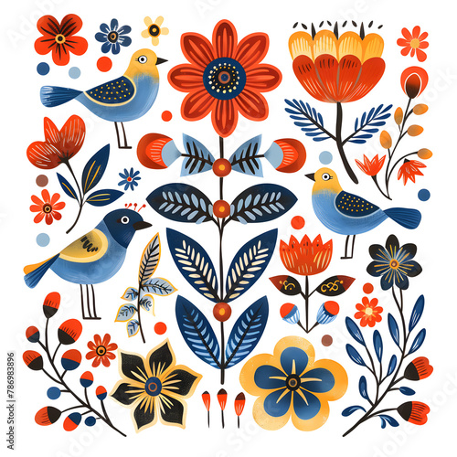 Wallpaper Mural Scandinavian folk art floral and animal elements isolated on white background Torontodigital.ca