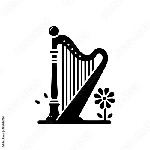 Black Vector Silhouette of a Harp, Emanating Heavenly Harmonies and Ethereal Beauty- Harp Illustration- Harp vector stock