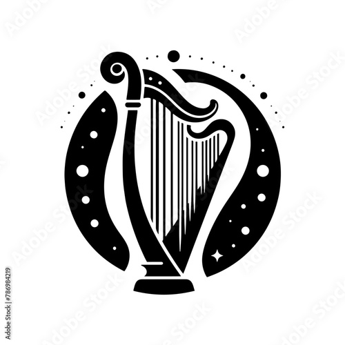 Black Vector Silhouette of a Harp, Emanating Heavenly Harmonies and Ethereal Beauty- Harp Illustration- Harp vector stock