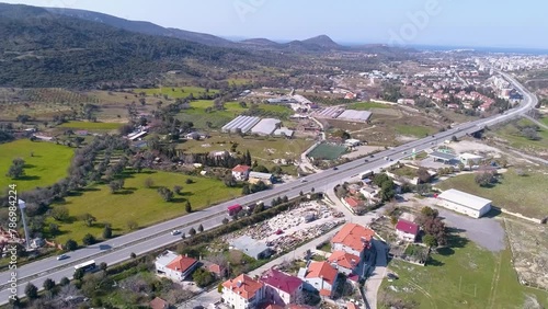 Aerial view of summer residences in Urla, Izmir's highway area. Aerial view of the resort area and its beautiful coast. Izmir in Turkey