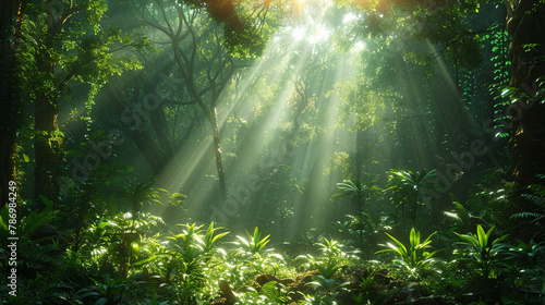 Sunshine filtering through the leaves of a dense forest canopy, dappling the forest floor