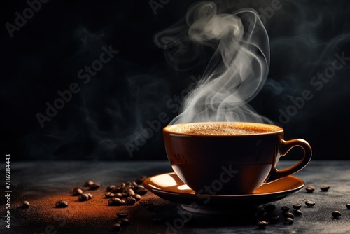 A Cup of Coffee Steaming on a Dark Background. Generative AI