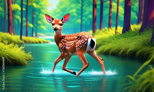 Wallpaper or illustration representing a pretty fawn in the middle of the forest.