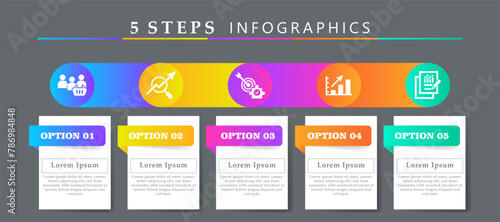 Steps infographics template with 5 options and icons of research, advertising, increase sales, pay per click and result. For process diagram, presentations, workflow layout, banner, flow chart