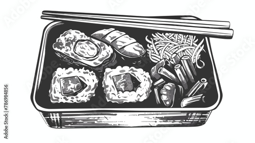 Hand drawn bento box. Japanese lunch box. Four traditi